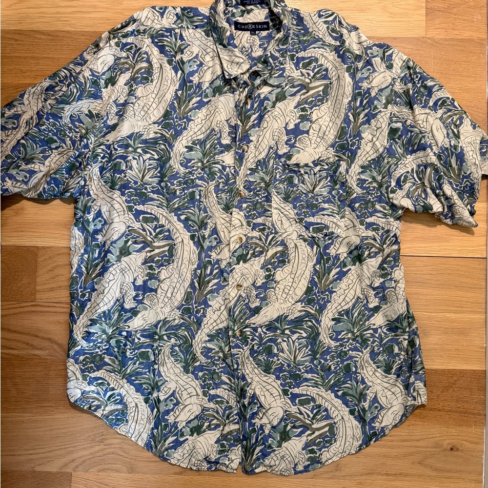Chereskin Blue, White & Green Crocodile Print Button-Down 100% Silk Shirt